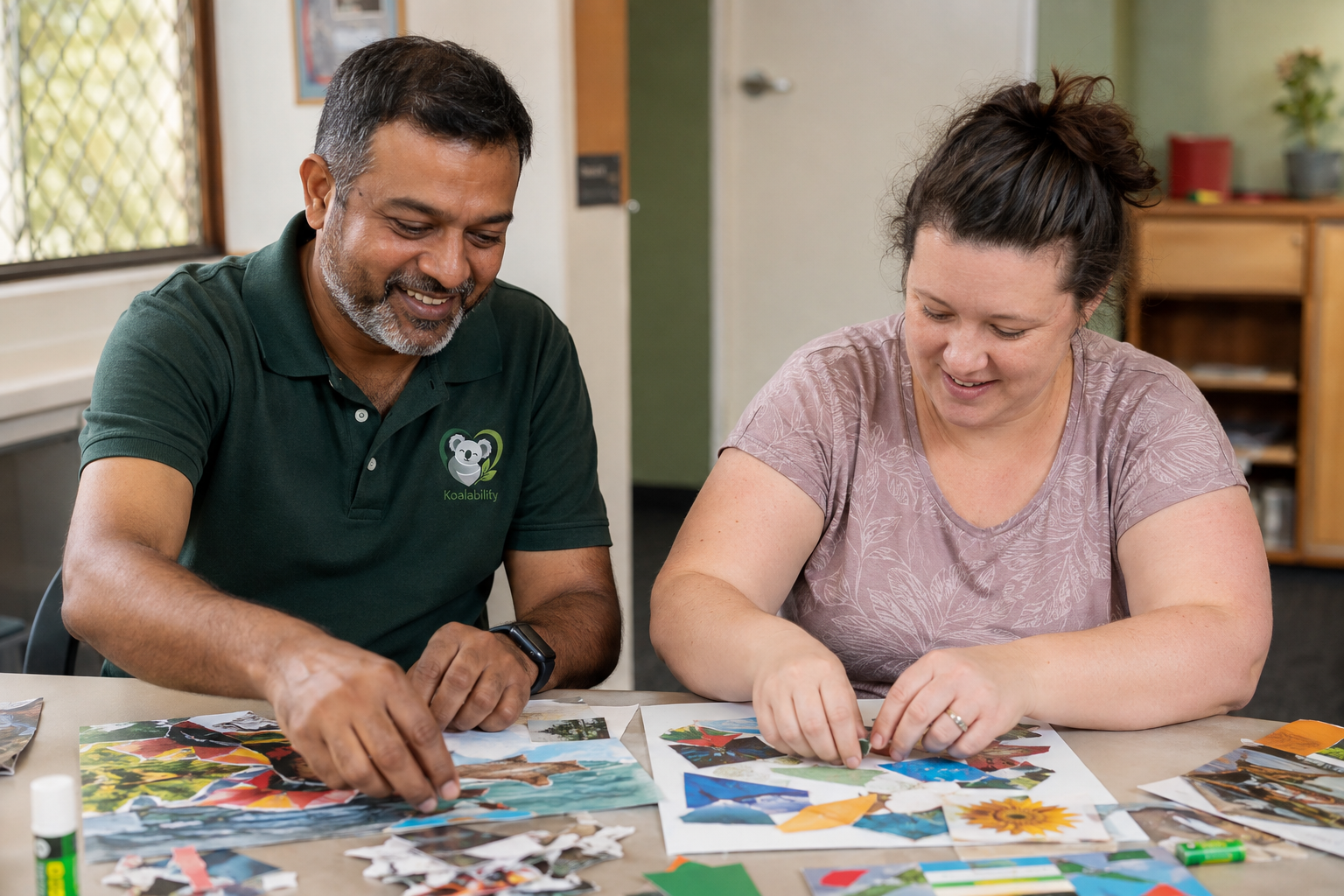 Illustration of a Koalability-uniformed worker taking part in a creative community activity.