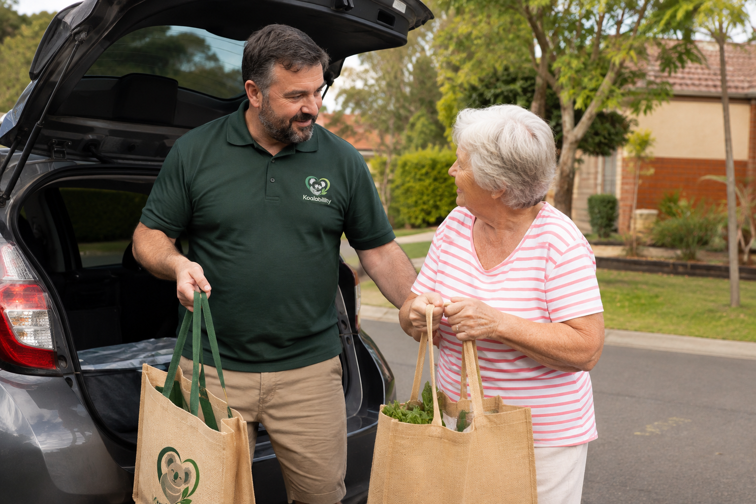 Illustration of a Koalability-uniformed worker helping with grocery bags beside a parked car.